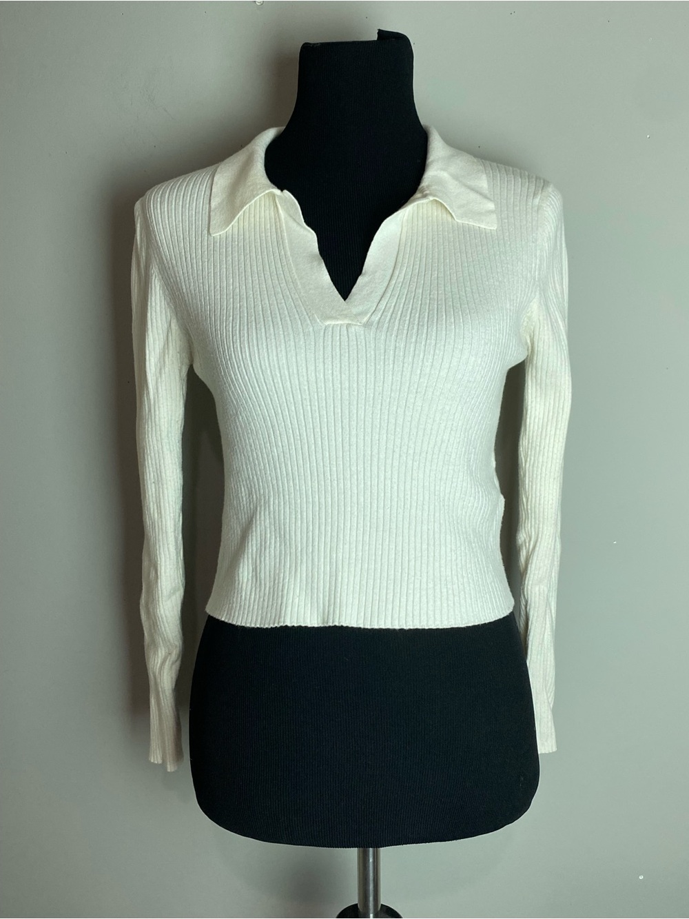 Cotton On Cream Ribbed V-Neck Polo Long Sleeve Top
